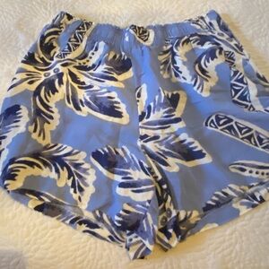 H&M, blue and white print high waisted shorts.
